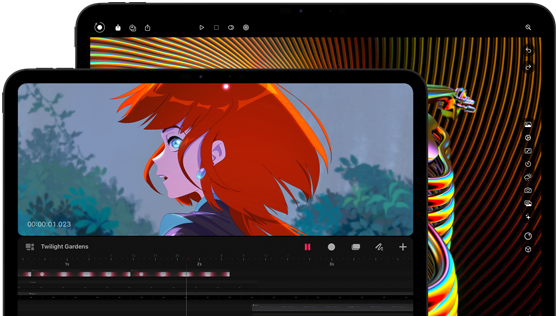 جهاز iPad Pro مقاس 13 إنش وجهاز iPad Pro مقاس 11 إنش، الجزء الأمامي الخارجي، الوضع الأفقي، لون أسود فلكي، زوايا مدورة، إطار شاشة أسود، شاشة مقاس 11 إنش تعرض صورة زاهية لشخصية ذات شعر أحمر اللون، شاشة مقاس 13 إنش تعرض عناصر واجهة تعديل صور ملونة