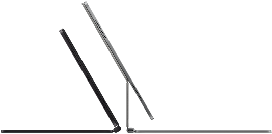 2 iPad Pro devices attached to Magic Keyboard, side exterior, thin profile, space black color with speakers and USB-C port, tilted half open, silver color, open, tilted back showing the keyboard’s floating cantilever design, speakers and microphone