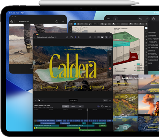 iPad Pro, front exterior, landscape orientation, space black color, Apple Pencil resting atop device, display showing multiple app windows tiled, including Final Cut Pro with multiple video editing features and timeline, Maps, Notes, and various media clips