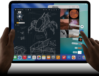 iPad Pro, space black color, left hand holding device, right hand pointing gesturing to manipulate multiple open app windows, a drawing app with sketches of mechanical designs, photos library of planets and space images, downloads folder files fanned out