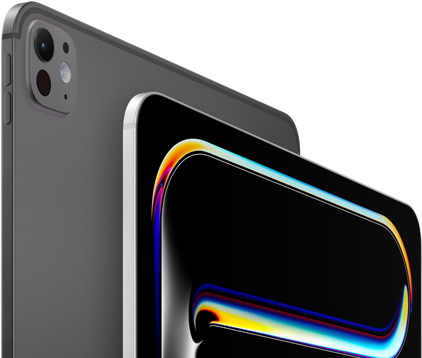 iPad Pro, back side exterior, space black color, volume buttons and pro camera system, iPad Pro, front side exterior, silver color, rounded corners, black display bezel, display showing black background with multicolored abstract line art