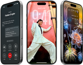 3 موديلات iPhone 17 Pro، الجزء الأمامي الخارجي، جنباً إلى جنب، تعرض نظام iOS 26، وتأثير Liquid Glass، وميزة Apple Intelligence