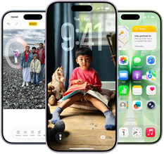 iPhone 17, exterior front, Dynamic Island centered near top, three colors: Mist Blue, Lavender, Sage