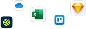 Various app icons in a scattered array, including Daylite, Trello, Microsoft Excel, TrueContext, Sketch, and Microsoft OneDrive