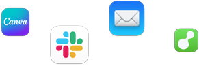 Various app icons in a scattered array, including Canva, Slack, Mail, Microsoft PowerPoint, and Service M8