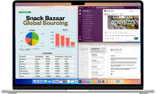 An open 15-inch MacBook Air in Silver running Mail, Numbers, and Slack, next to a 24-inch iMac showing a person giving a Keynote presentation on FaceTime