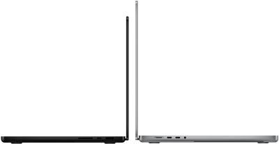 اثنان من أجهزة MacBook Pro مقاس 14 إنش و16 نش معروضان ظهراً لظهر لتوضيح الفرق في الحجم وإبراز نحافة التصميم