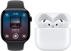 Apple Watch Series 11 بإطار تيتانيوم بلون ‏رمادي بني، الحزام: حزام رياضي أسود، تطبيق Apple Music مفتوح، الساعة مقترنة بسماعات AirPods 4‏