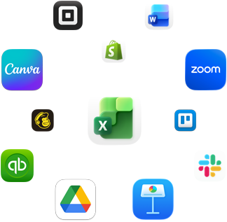 أيقونات لتطبيقات أعمال تشمل Mailchimp وMicrosoft Excel وCanva وShopify وZoom وTrello وKeynote وSlack وSquare وQuickbooks وGoogle Drive وMicrosoft Word