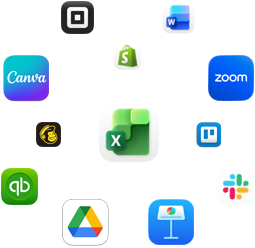 أيقونات لتطبيقات أعمال تشمل Mailchimp وMicrosoft Excel وCanva وShopify وZoom وTrello وKeynote وSlack وSquare وQuickbooks وGoogle Drive وMicrosoft Word