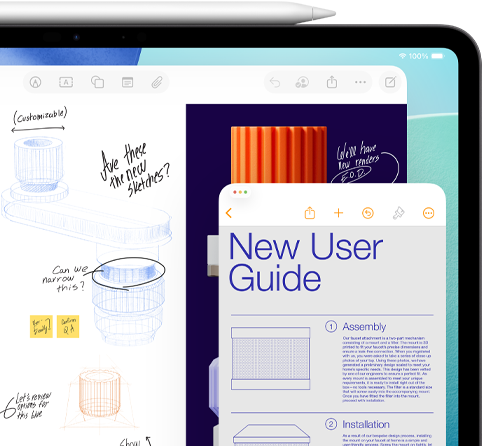 iPad screen with Freeform window shows sketches of mechanical product parts, while a smaller Notes window displays instructions, and an Apple pencil rests on top of iPad