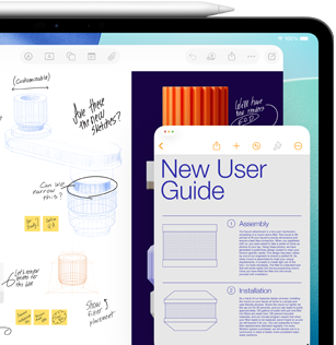 iPad screen with Freeform window shows sketches of mechanical product parts, while a smaller Notes window displays instructions, and an Apple pencil rests on top of iPad