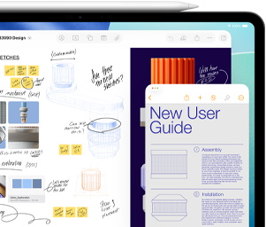 iPad screen with Freeform window shows sketches of mechanical product parts, while a smaller Notes window displays instructions, and an Apple pencil rests on top of iPad