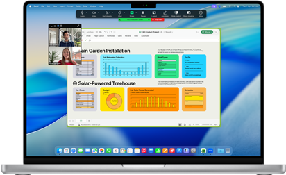MacBook Pro 16-inch M4 screen shows a business Zoom call with one person screen sharing an Excel window that displays data and charts