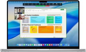 MacBook Pro 16-inch M4 screen shows a business Zoom call with one person screen sharing an Excel window that displays data and charts