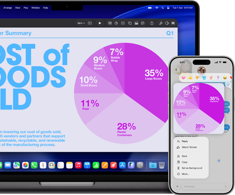 MacBook Pro 14-inch M5 and iPhone 17 Pro Max display the continuity of a Keynote pie chart presentation that is shared across devices