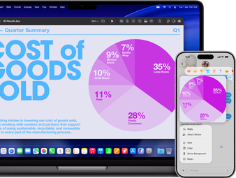 MacBook Pro 14-inch M5 and iPhone 17 Pro Max display the continuity of a Keynote pie chart presentation that is shared across devices