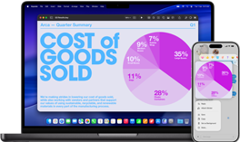 MacBook Pro 14-inch M5 and iPhone 17 Pro Max display the continuity of a Keynote pie chart presentation that is shared across devices