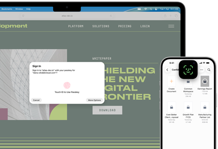 MacBook Pro screen shows Touch ID window alongside Safari, while iPhone 16 screen shows Face ID