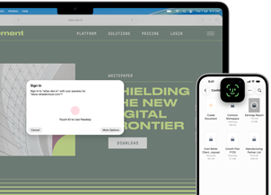 MacBook Pro screen shows Touch ID window alongside Safari, while iPhone 16 screen shows Face ID