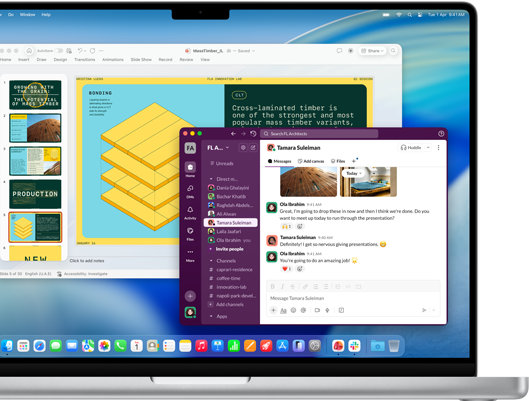 PowerPoint presentation in one window and Slack in another window on MacBook Pro 16-inch M4 screen