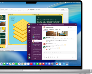 PowerPoint presentation in one window and Slack in another window on MacBook Pro 16-inch M4 screen