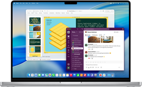 PowerPoint presentation in one window and Slack in another window on MacBook Pro 16-inch M4 screen