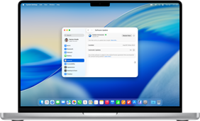 MacBook Pro 16-inch M4 screen shows a scheduled Software Update within System Settings