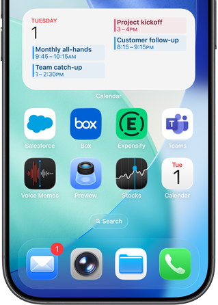 iPhone home screen displays a variety of business and productivity apps, with a detailed work schedule in Apple Calendar