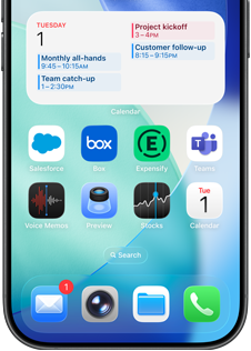 iPhone home screen displays a variety of business and productivity apps, with a detailed work schedule in Apple Calendar