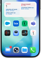 iPhone home screen displays a variety of business and productivity apps, with a detailed work schedule in Apple Calendar