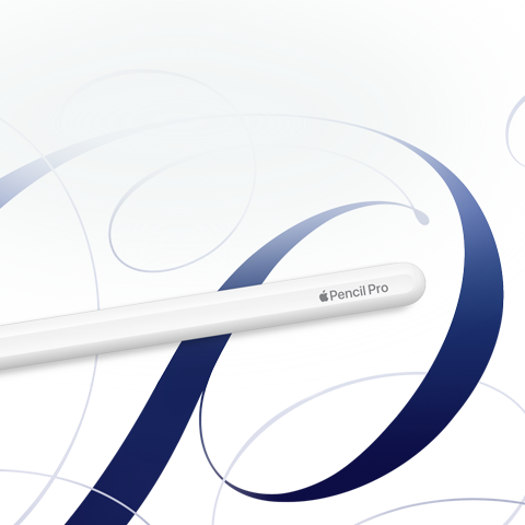 قلم&nbsp;Apple&nbsp;Pro، لون أبيض، معروض على خلفية بيضاء مع دوامات بلون أزرق