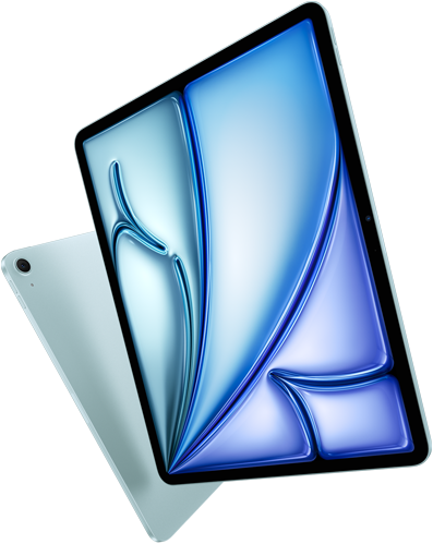 Front angle of 13-inch iPad Air, colorful display on screen, 11-inch iPad Air with back exterior and 12MP Wide back camera