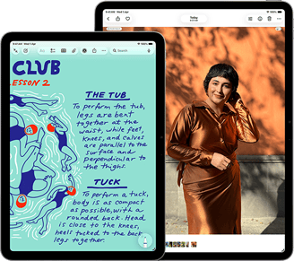 Two iPad Air, sizes: 11-inch and 13-inch, 11-inch shows colorful text on the Notes app, 13-inch screen shows a photo of a person on the Photos app