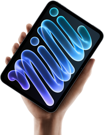 جهاز iPad&nbsp;mini، الجهة الأمامية، محمول باليد، هيكل أسود، شاشة تعرض أشكالاً تجريدية بلون أزرق وليلكي
