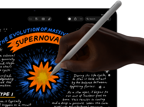 iPad Air displaying handwritten notes and drawings in the Notes app, hand using Apple Pencil Pro to draw