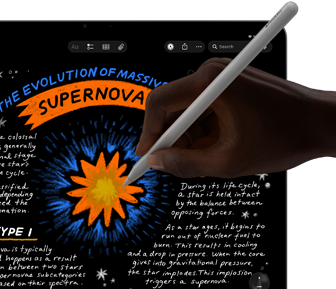 iPad Air displaying handwritten notes and drawings in the Notes app, hand using Apple Pencil Pro to draw