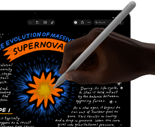iPad Air displaying handwritten notes and drawings in the Notes app, hand using Apple Pencil Pro to draw