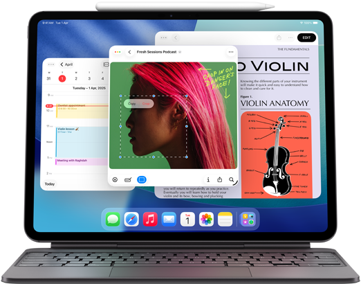 iPad Air displaying Home page with multiple Apple apps, paired with Magic Keyboard and Apple Pencil Pro