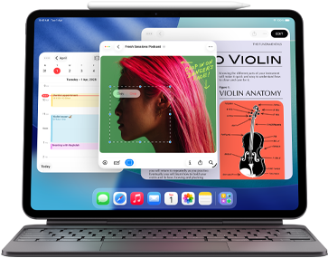 iPad Air displaying Home page with multiple Apple apps, paired with Magic Keyboard and Apple Pencil Pro