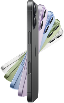 iPhone 17، الجزء الجانبي الخارجي، الألوان الخمسة: أسود، وليلكي ناعم، وأزرق ضبابي، وأخضر رمادي، وأبيض