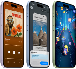 iPhone 17 devices, exterior front, exterior side, demonstrating Apple Music, Visual intelligence, gaming, buttons: Action button, volume
