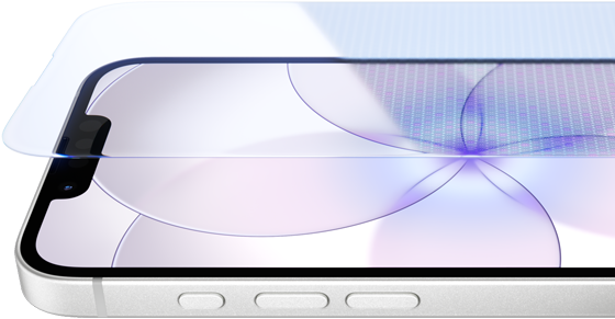 [جهاز iPhone&nbsp;17e، الجزء الخارجي الأمامي مع درع السيراميك&nbsp;2، الجهة الجانبية الخارجية، لون أبيض، الأزرار: زر الإجراءات، زرّا ضبط مستوى الصوت
