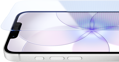 جهاز iPhone&nbsp;17e، الجزء الخارجي الأمامي مع درع السيراميك&nbsp;2، الجهة الجانبية الخارجية، لون أبيض، الأزرار: زر الإجراءات، وزرّا ضبط مستوى الصوت