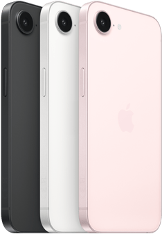 جهاز iPhone&nbsp;17e، الجهة الجانبية والجزء الخارجي الخلفي، لون أسود، الجهة الجانبية والجزء الخارجي الخلفي، لون أبيض، الجهة الجانبية والجزء الخارجي الخلفي، لون زهري ناعم، كاميرا&nbsp;Fusion في الأعلى، الزر الجانبي