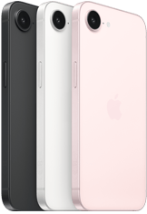 جهاز iPhone&nbsp;17e، الجهة الجانبية والجزء الخارجي الخلفي، لون أسود، الجهة الجانبية والجزء الخارجي الخلفي، لون أبيض، الجهة الجانبية والجزء الخارجي الخلفي، لون زهري ناعم، كاميرا&nbsp;Fusion في الأعلى، الزر الجانبي
