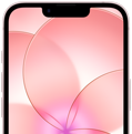جهاز iPhone&nbsp;17e، جزء من الجانب الخارجي الأمامي مع درع السيراميك&nbsp;2، لون زهري ناعم، يعرض صورة خلفية لزهرة وردية
