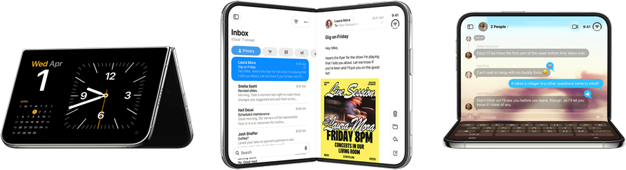 ثلاثة موديلات iPhone&nbsp;Duo معروضة في وضعيات مختلفة جنباً إلى جنب: جهاز iPhone&nbsp;Duo في الجهة اليسرى مفتوح ومثبّت على شكل حرف&nbsp;V مقلوب ومستقر على حوافه، شاشته موجّهة نحو الخارج في نمط الاستعداد وتعرض تطبيق الساعة، جهاز iPhone Duo في الوسط يقف في وضع مستقيم على شكل حرف V في نمط الاستعداد ويعرض تطبيق Siri في الجهة اليسرى وتطبيق الرسائل في الجهة اليمنى، جهاز iPhone Duo في الجهة اليمنى مفتوح ومستقر على اللوحة السفلية مع تطبيق +Fitness في الأمام