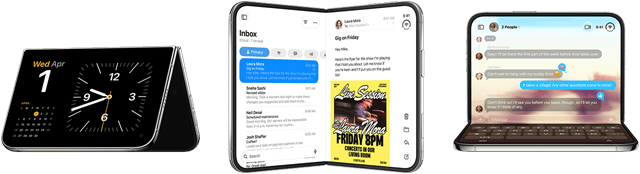 ثلاثة موديلات iPhone&nbsp;Duo معروضة في وضعيات مختلفة جنباً إلى جنب: iPhone&nbsp;Duo في الجهة اليسرى مفتوح ومثبّت على شكل حرف V مقلوب ومستقر على حوافه، شاشته موجّهة نحو الخارج في نمط الاستعداد وتعرض تطبيق الساعة، جهاز iPhone Duo في الوسط يقف في وضع مستقيم على شكل حرف V في نمط الاستعداد ويعرض تطبيق Siri في الجهة اليسرى وتطبيق الرسائل في الجهة اليمنى، جهاز iPhone Duo في الجهة اليمنى مفتوح ومستقر على اللوحة السفلية مع تطبيق +Fitness في الأمام