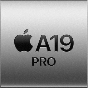 مربع فضي يحمل شعار Apple وعبارة A19 Pro للإشارة إلى شريحة A19 Pro